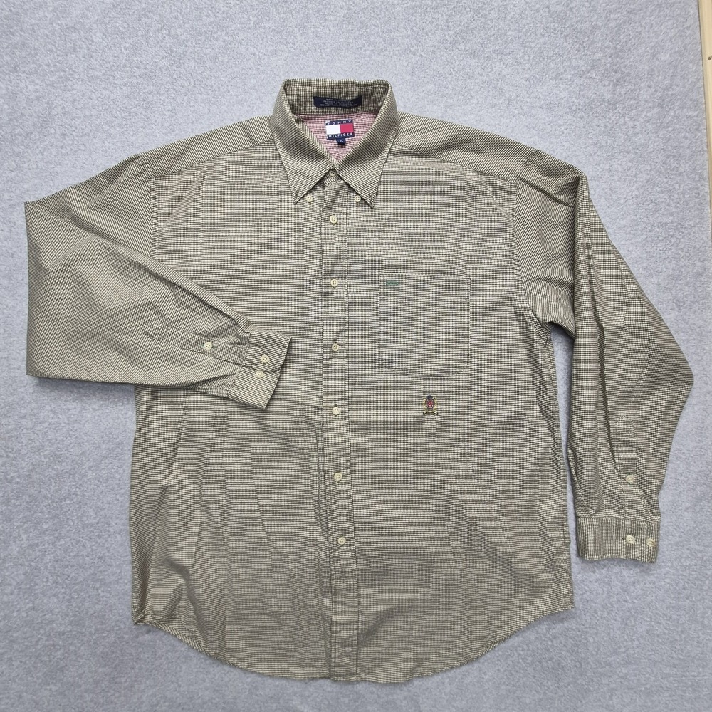 Vintage Tommy Hilfiger Shirt Mens Large Green Gingham 90s Embroidered Crest Logo